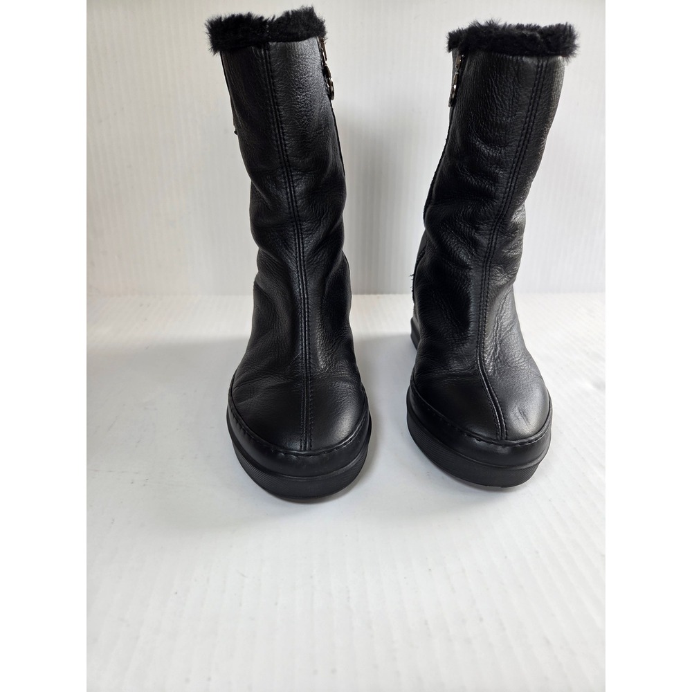 Ruco Line Womens Black Leather Hidden Wedge Fur Trim Mid Calf Boots Size 38